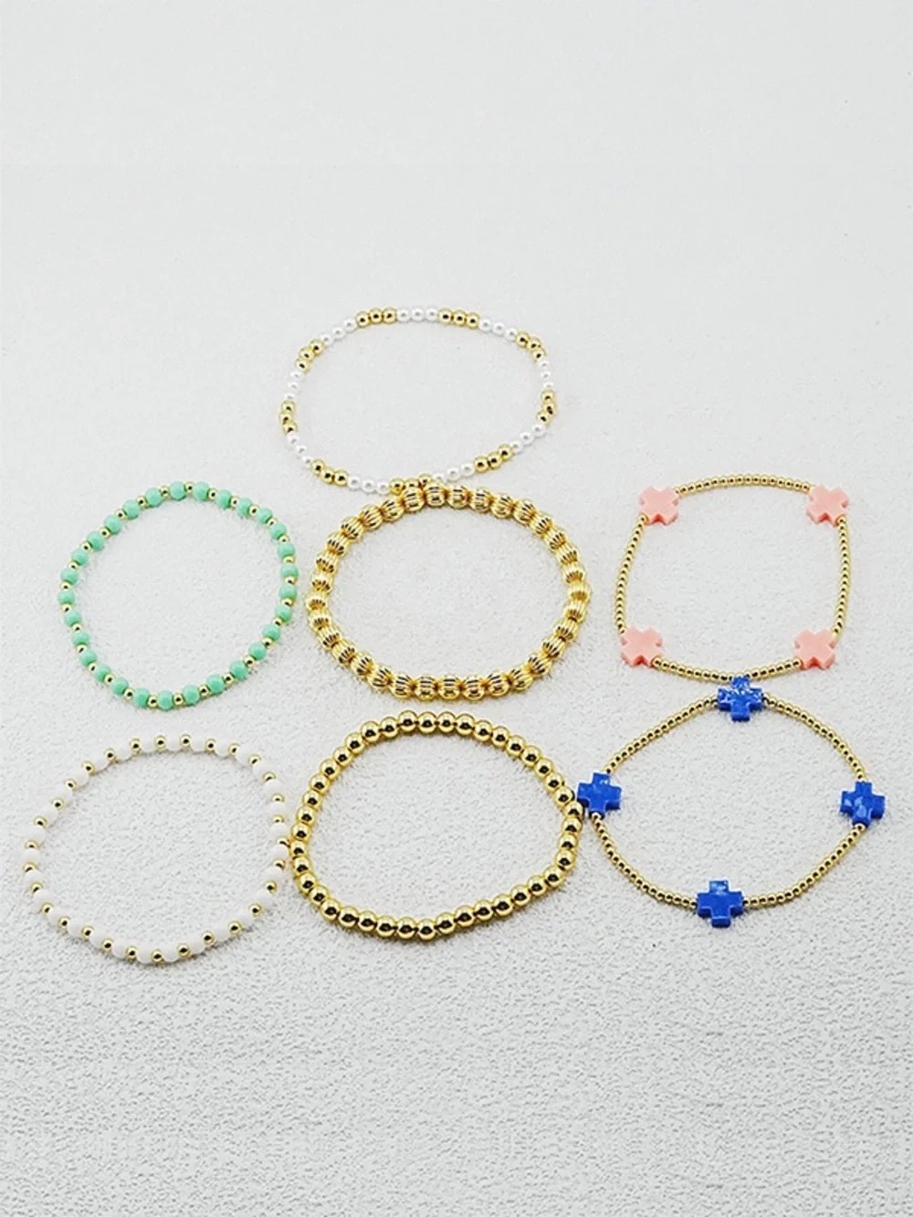 🎶Enewton 7pcs Gold Beaded Cross Pearl Bracelet Set